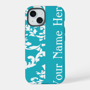 Coque iPhone 15 Damassé gras turquoise en gras avec nom @ Emporiom