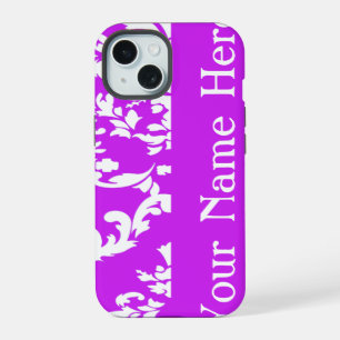 Coque iPhone 15 Damassé gras violet avec nom @ Emporiomoffa