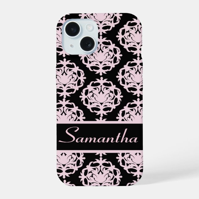 Coque iPhone 15 Damassé rose clair sur fond noir (Verso)
