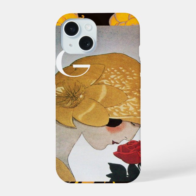 COQUE iPhone 15 DAME AU MONOGRAMME DE ROSE ROUGE (Verso)
