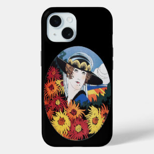 Coque iPhone 15 Dame aux fleurs de chrysanthème, noir