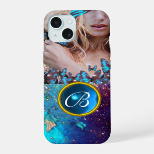 COQUE iPhone 15 DAME PAPILLON BLEU, MONOGRAMME GEMME ÉTOILÉE OR SA
