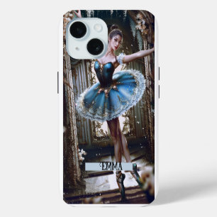 Coque iPhone 15 Danseuse de ballet en tutu bleu nom personnalisé