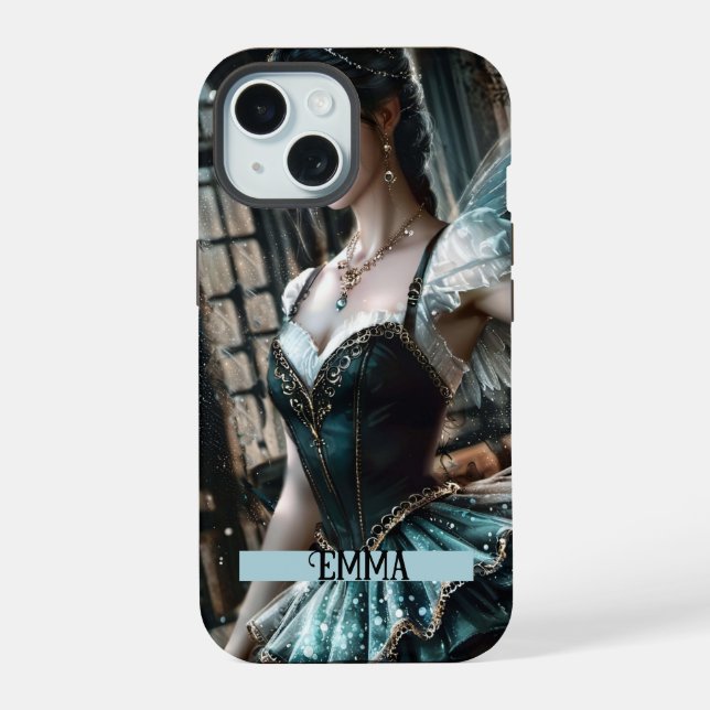 Coque iPhone 15 Danseuse de Ballet Tutu Vert & Ailes de Fée Nom Pe (Verso)