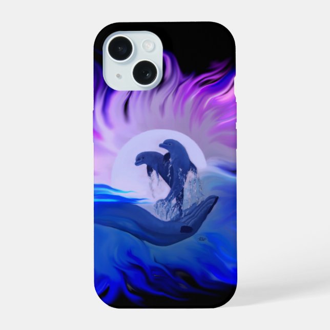Coque iPhone 15 Dauphins au clair de lune (Verso)