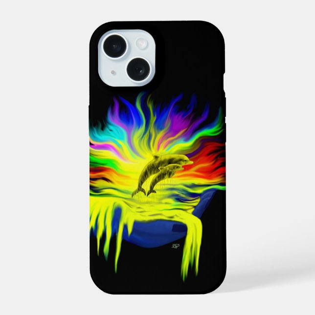 Coque iPhone 15 Dauphins au soleil avec main (Verso)