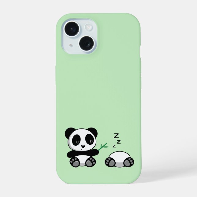 Coque iPhone 15 De mignons petits pandas sur fond vert (Verso)