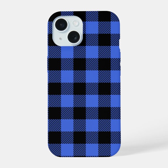 Coque iPhone 15 Décor à carreaux buffle bleu et noir en vichy à mo (Verso)