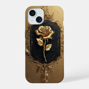 Coque iPhone 15 Décoration de rose embellie d'or