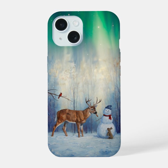 Coque iPhone 15 Deer et Happy Snowman hiver de vacances scène (Verso)
