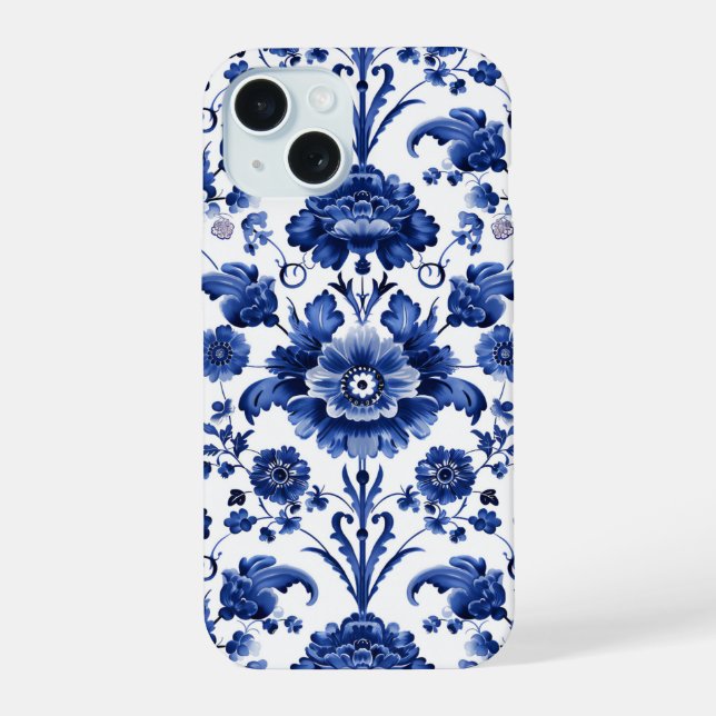 Coque iPhone 15 Delft bleu floral (Verso)