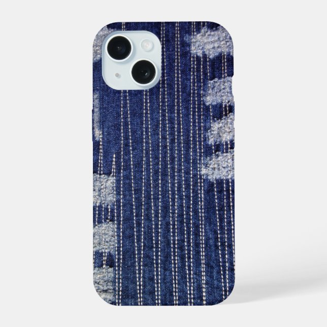 Coque iPhone 15 Denim Indigo Grunge avec Couture Décorative (Verso)
