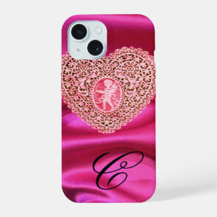COQUE iPhone 15 DENTELLE DE CUPIDON COEUR SOIE ROSE FUCHSIA TISSU