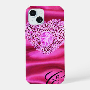 COQUE iPhone 15 DENTELLE DE CUPIDON CŒUR SOIE ROSE FUCHSIA TISSU M