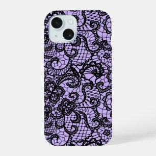 Coque iPhone 15 Dentelle noire sur violet