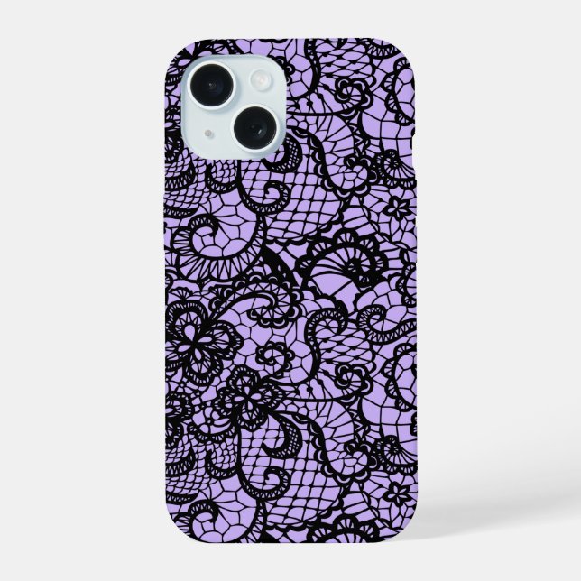 Coque iPhone 15 Dentelle noire sur violet (Verso)