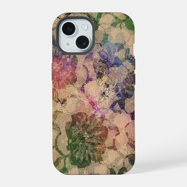 Coque iPhone 15 Dentelles Vertes Et Rouges Roses (Verso)