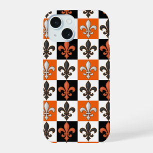 Coque iPhone 15 Design Orange Noir Blanc À damiers Fleur de lis