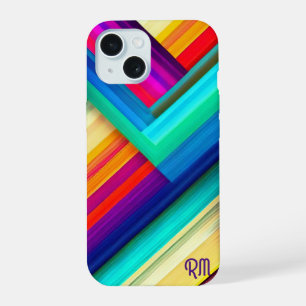Coque iPhone 15 Dessin à rayures colorées gras avec Chevron & init
