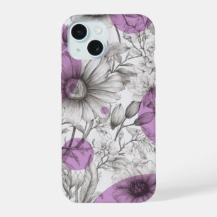 Coque iPhone 15 Dessin floral moderne lilas violet Cercles rétro