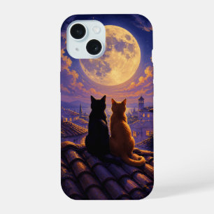 Coque iPhone 15 Deux chats regardant le ciel nocturne de la pleine