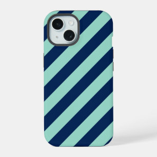 Coque iPhone 15 Diagonal Mint Green et Navy Blue Stripes