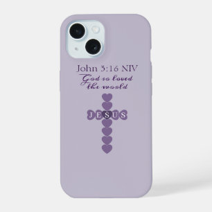Coque iPhone 15 Dieu Aima Tant le Monde Cœur Lavande Croix