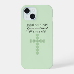 Coque iPhone 15 Dieu Aima Tant le Monde Cœur Vert Croix