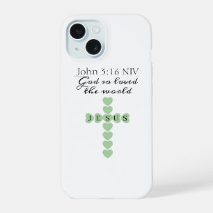 Coque iPhone 15 Dieu Aima Tant le Monde Croix de Cœur Vert
