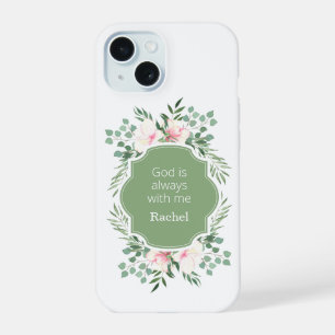 Coque iPhone 15 Dieu est toujours avec moi Floral Vert
