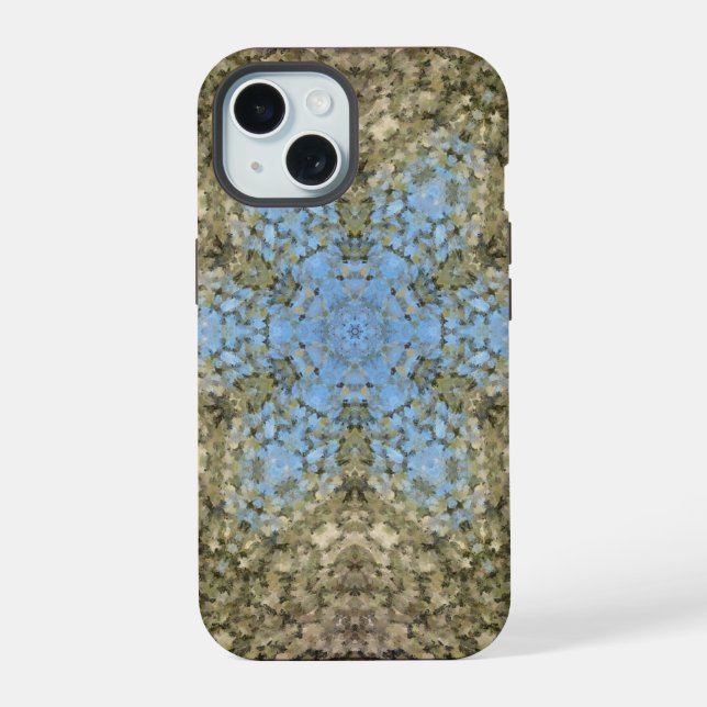 Coque iPhone 15 Digital Mandala jaune et bleu (Verso)