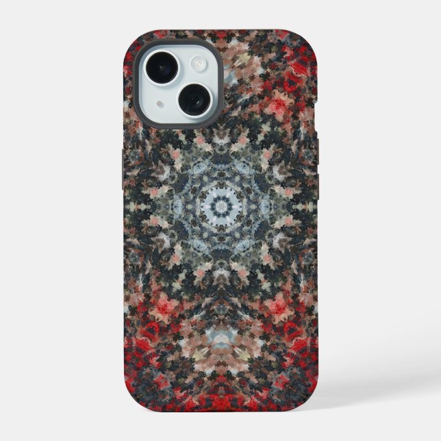 Coque iPhone 15 Digital Mandala rouge et blanc (Verso)