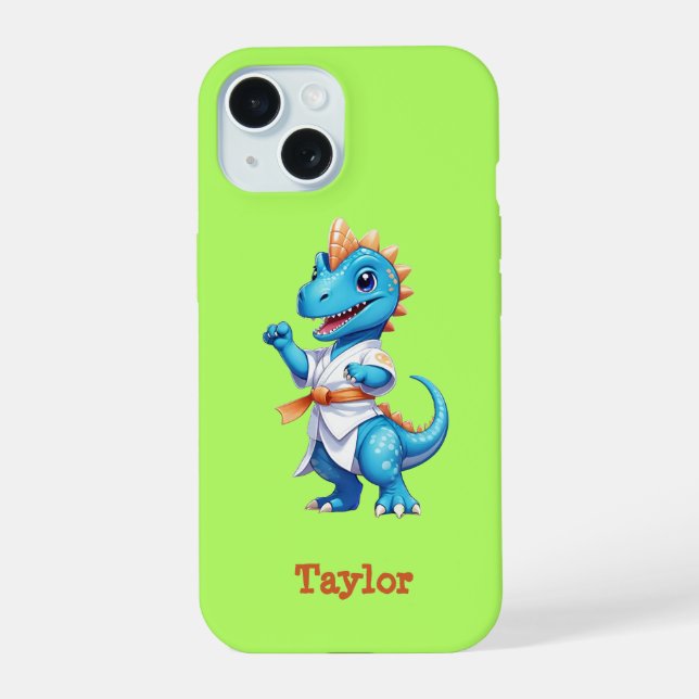 Coque iPhone 15 Dinosaure karaté bleu (Verso)