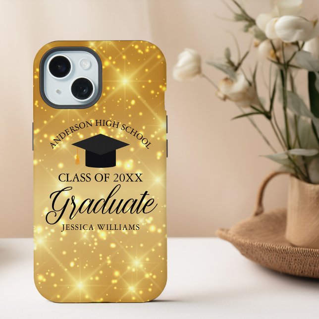 Coque iPhone 15 Diplômée Paillettes Dorées Chic Personnalisée (Créateur téléchargé)