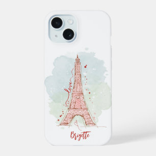 Coque iPhone 15 Doodle esquisse à l'aquarelle Tour Eiffel monogram