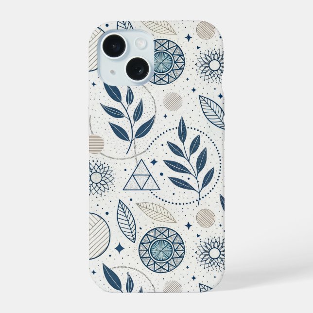 Coque iPhone 15 Doodle géométrique botanique bleu (Verso)