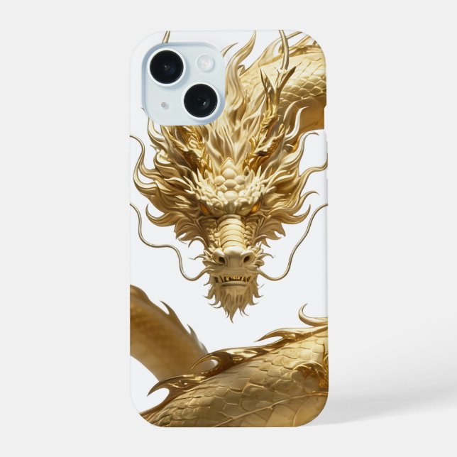 Coque iPhone 15 Dragon Chinois Doré Art | Créature Mythique Fantas (Verso)