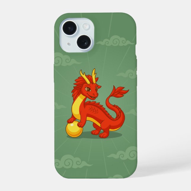 Coque iPhone 15 Dragon Chinois Rouge sur Fond Vert (Verso)