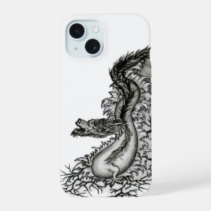 Coque iPhone 15 Dragon de Chine, dessin noir et blanc dans le styl