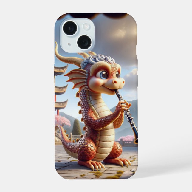 Coque iPhone 15 Dragon jouant coque iphone clarinette (Verso)