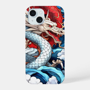 Coque iPhone 15 Dragon mythique asiatique en rouge et bleu