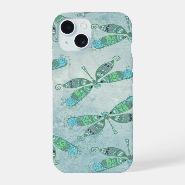 Coque iPhone 15 Dragonflies Boho en bleu (Verso)