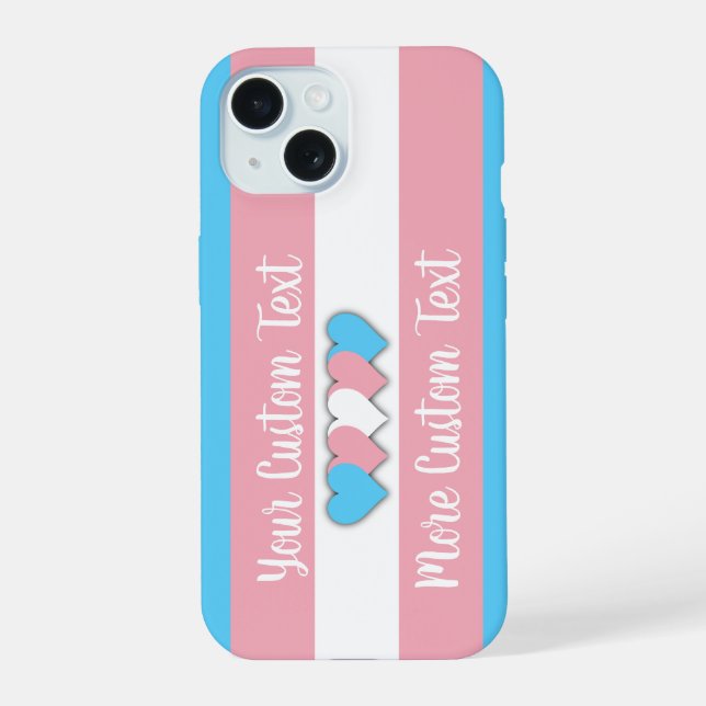 Coque iPhone 15 Drapeau de fierté transgenre avec texte (Verso)