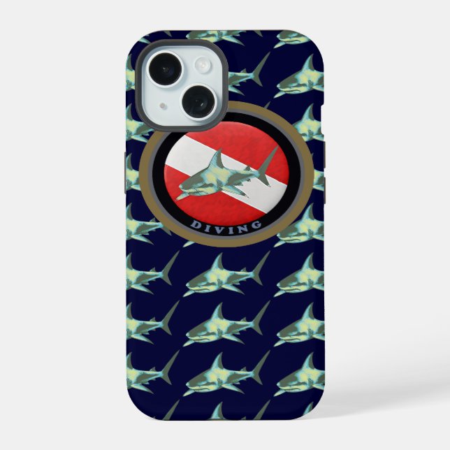 Coque iPhone 15 Drapeau de plongée motif requin (Verso)