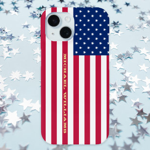 Coque iPhone 15 Drapeau USA Or Monogramme Patriotique Américain Él