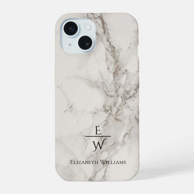 Coque iPhone 15 Dusty black and white marble glitter personalized  (Verso)