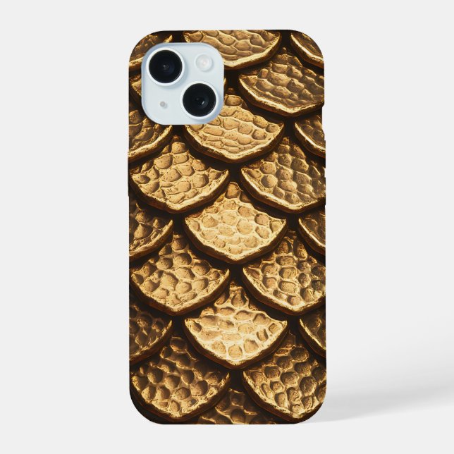 Coque iPhone 15 Écaille de dragon métallique doré (Verso)