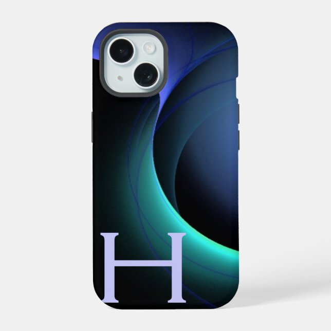 Coque iPhone 15 ECLIPSE MONOGRAM Noir bleu vibrant (Verso)