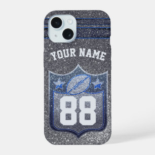 Coque iPhone 15 École de Parties scintillant Blue & Silver Footbal