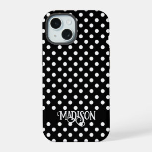 Coque iPhone 15 Écriture élégante pois noir blanc rétro
